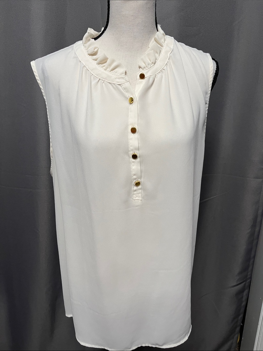 Premise Sleeveless Ruffle Neck Blouse - White with Gold Buttons